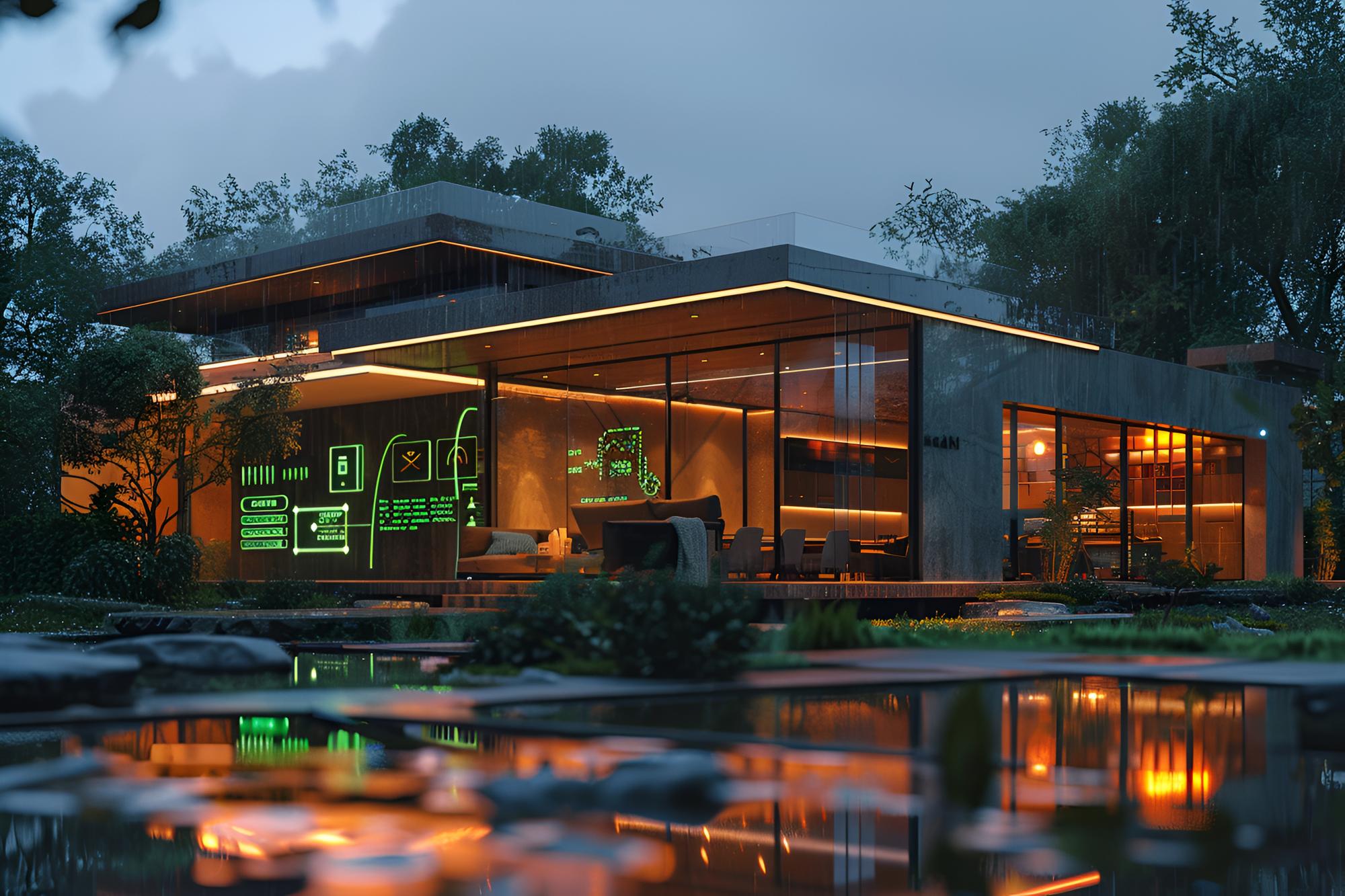 Renderização 3D de uma casa inteligente moderna com iluminação noturna e tecnologia avançada usando blender