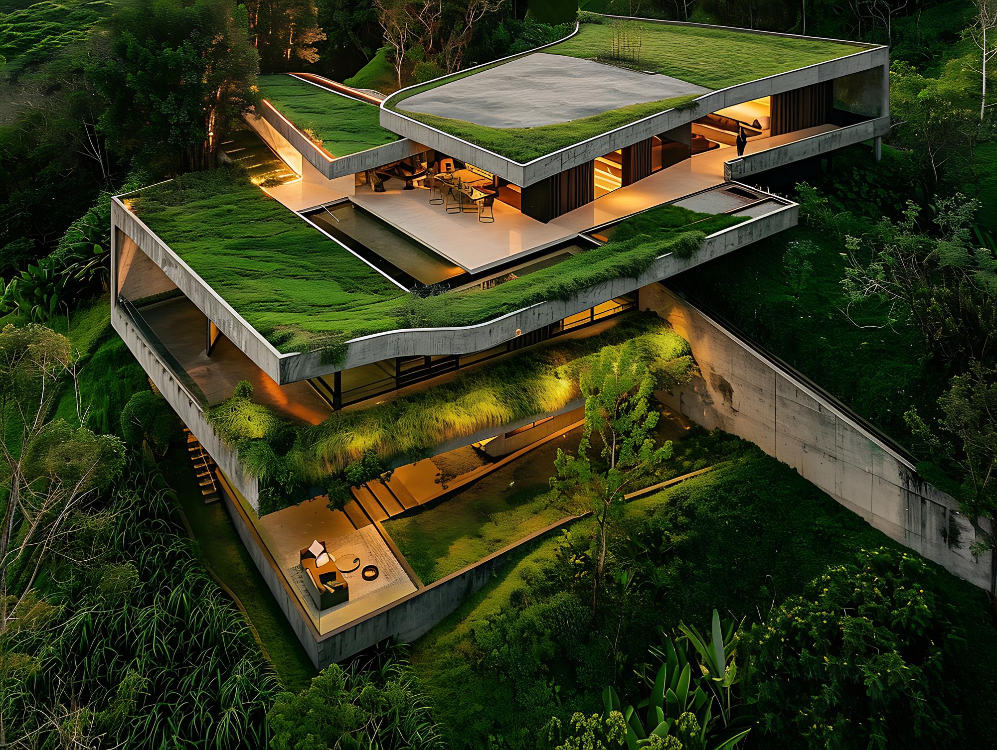 casa arrefecida com um telhado verde e um telheiro verde