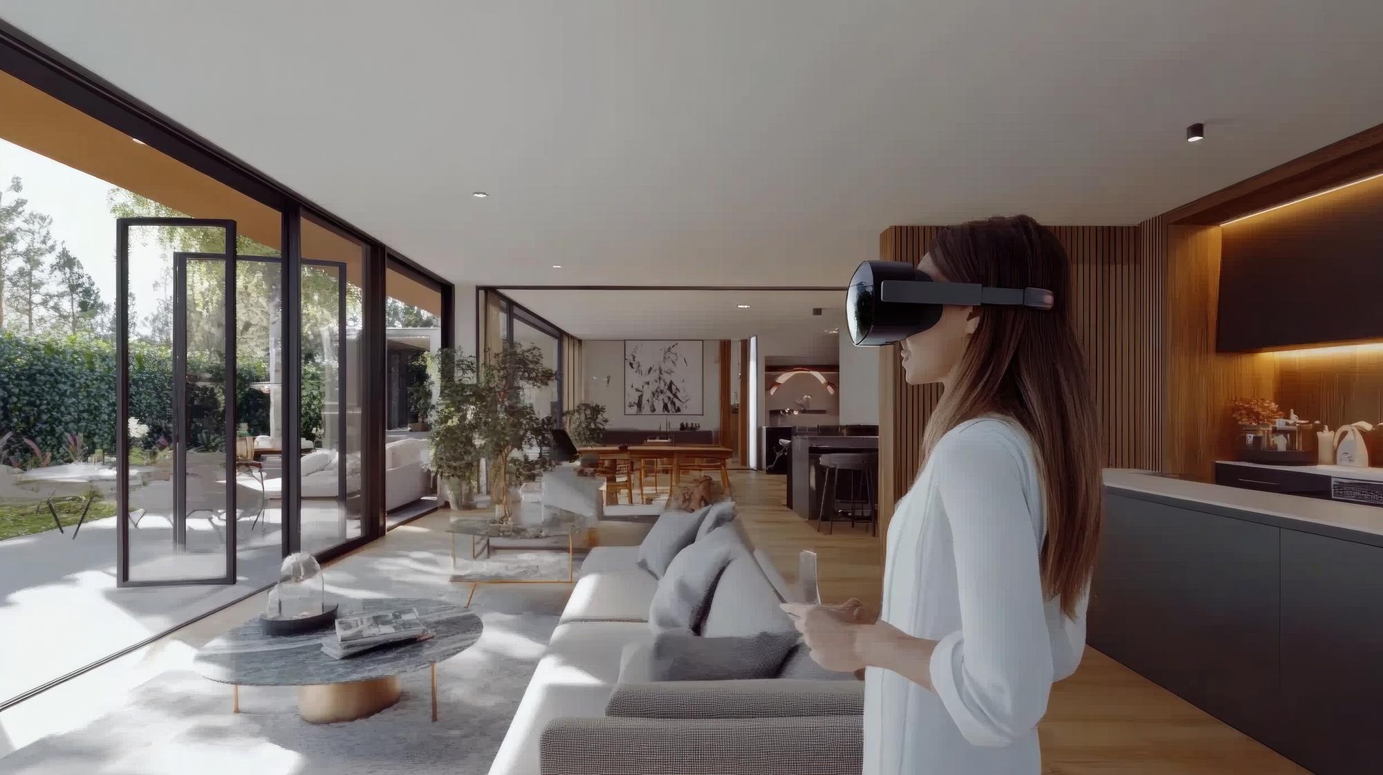 Mulher usando fone de ouvido VR em casa moderna