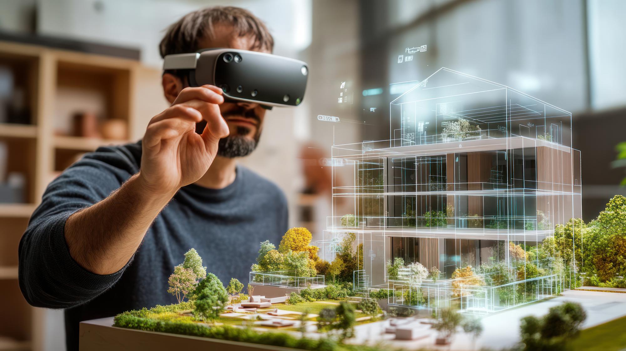 Homem com fone de ouvido VR projetando um modelo de casa