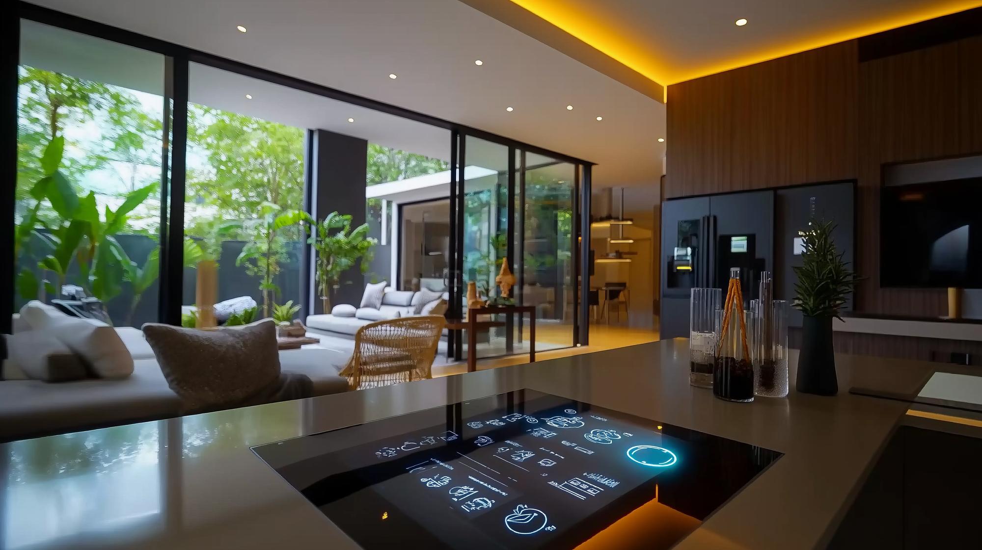 Interior de cozinha moderna com tecnologia de casa inteligente e vista para o jardim