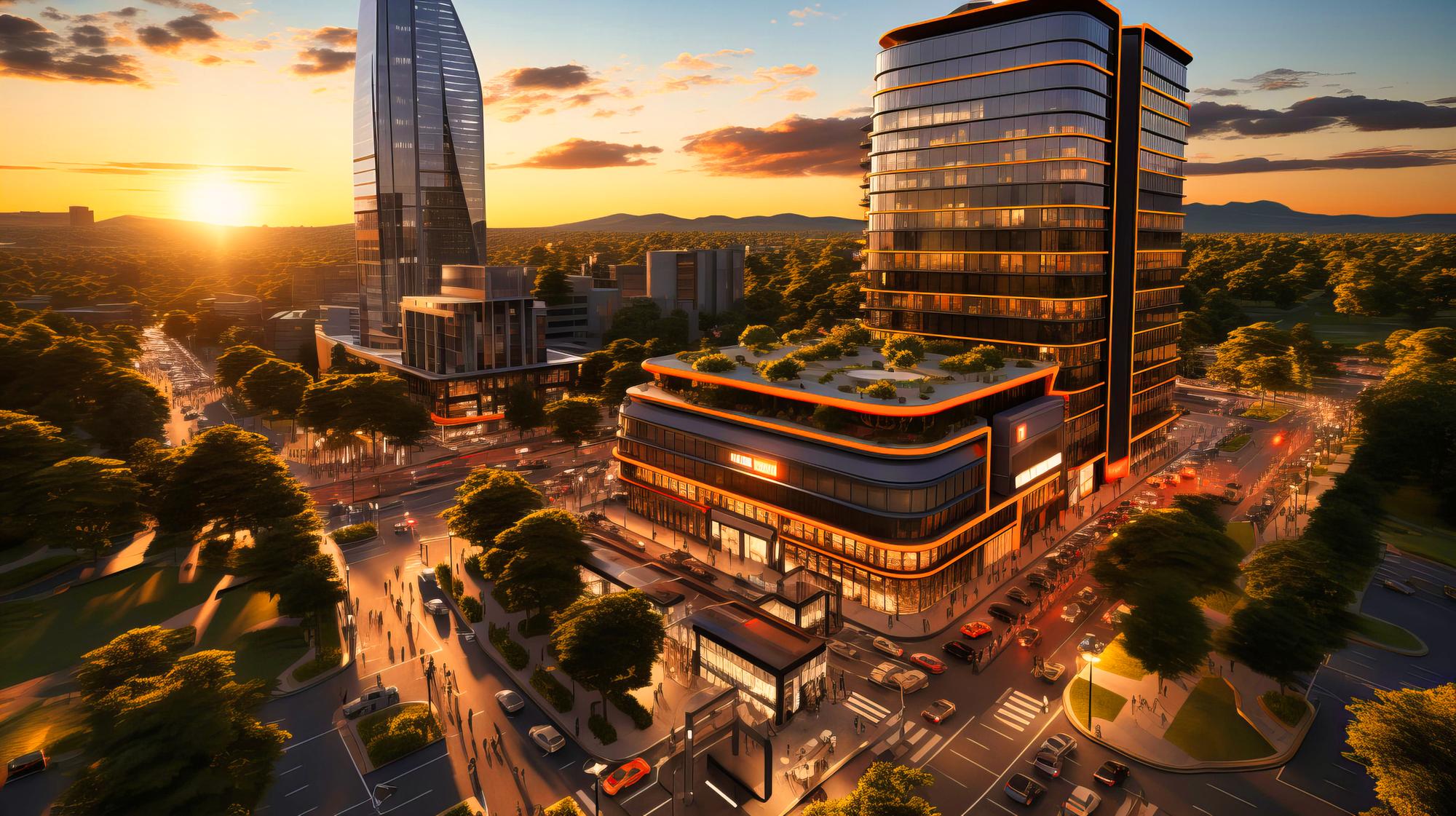 Experimente a energia movimentada de uma cidade moderna com esta cativante vista do horizonte A mistura de arquitetura urbana luzes vibrantes e águas refletoras pinta um quadro vívido da vida metropolitana