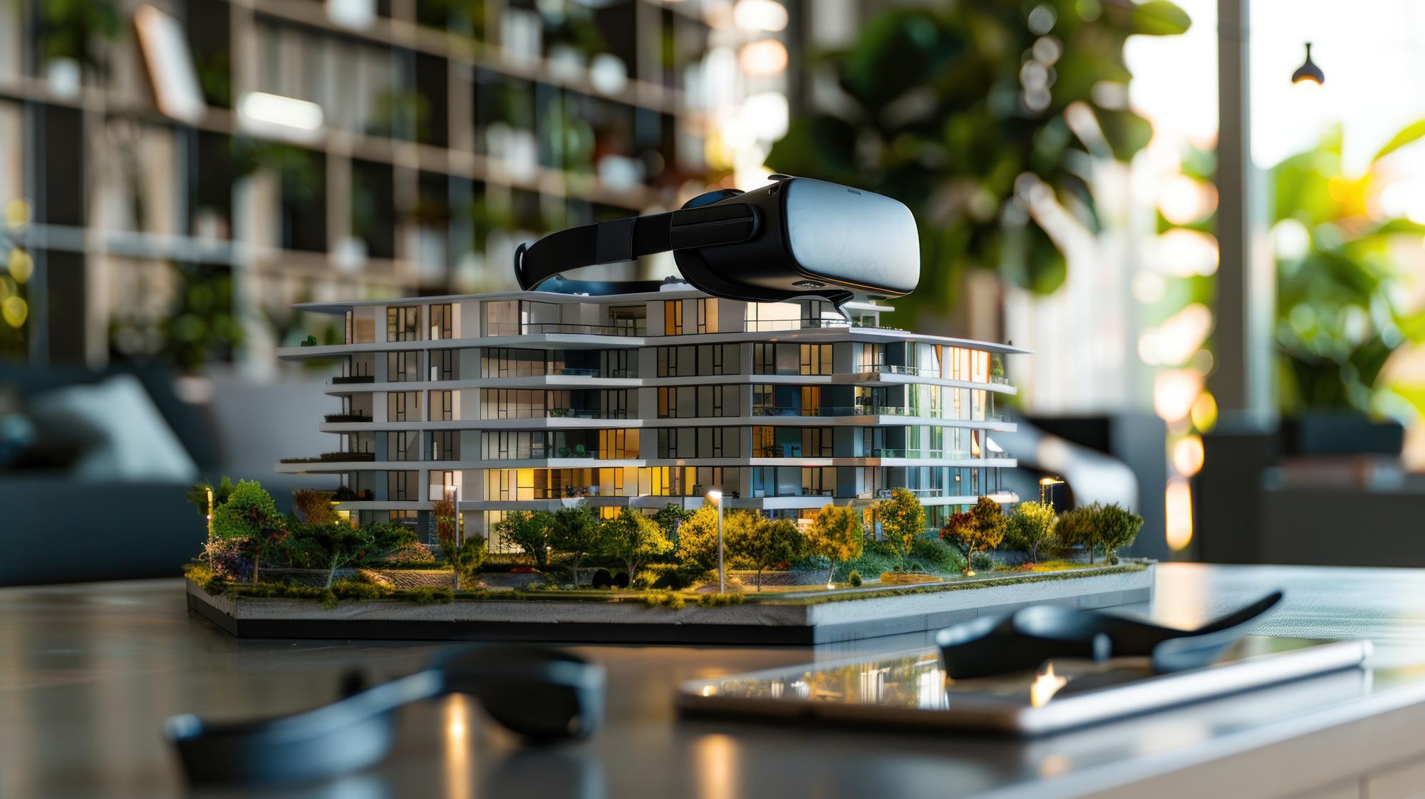 Um modelo de edifício de condomínio moderno em miniatura em uma tela de tablet digital com óculos de realidade virtual