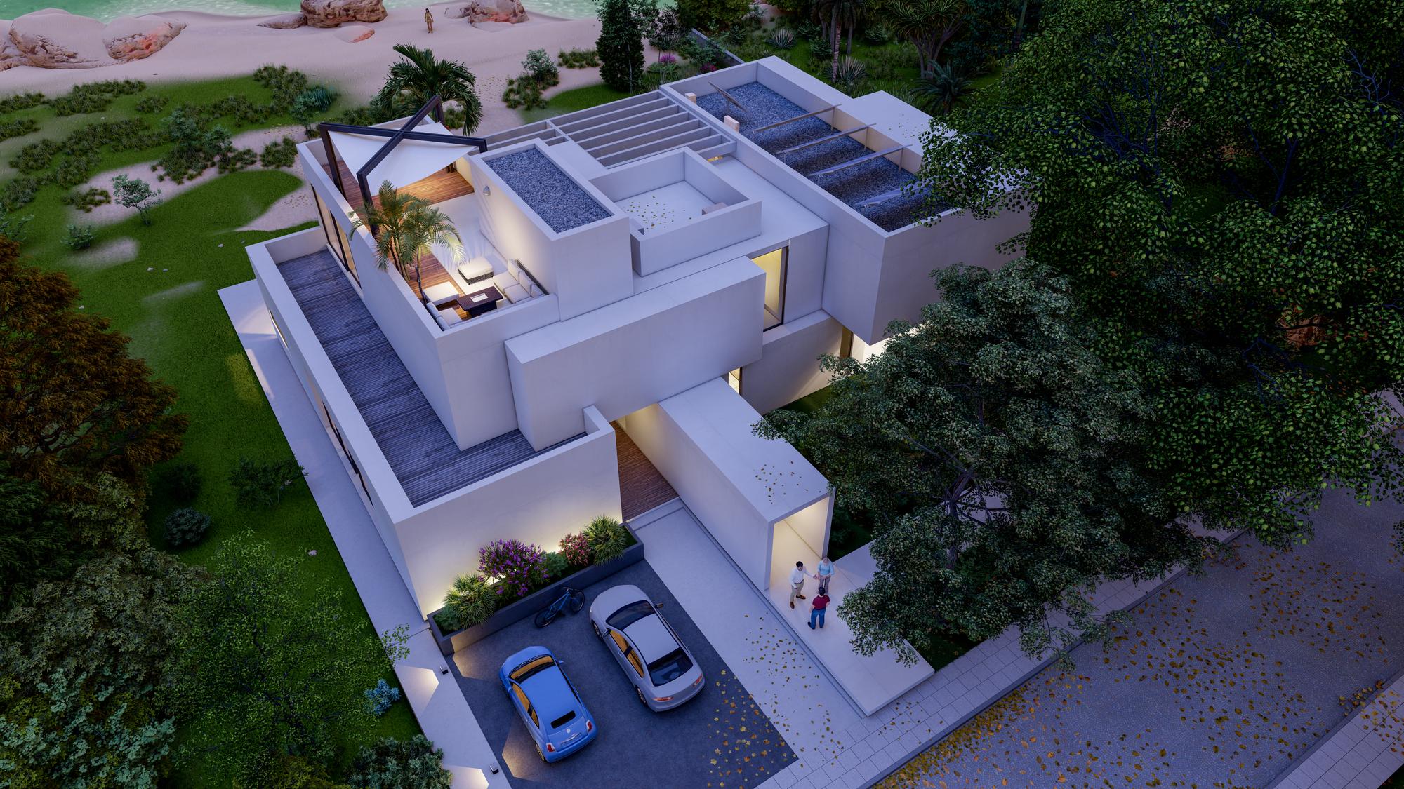 Renderização em 3D de uma impressionante villa contemporânea com painéis solares com jardim e piscina na praia ao entardecer