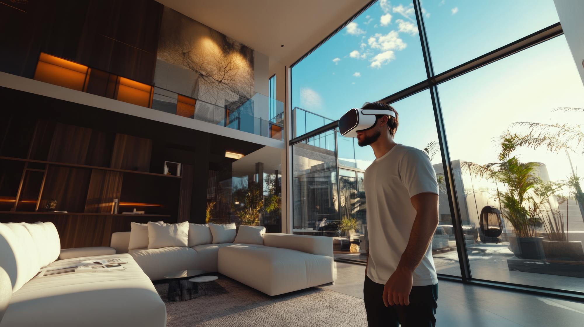 Um homem usando fone de ouvido VR está em uma sala de estar moderna com grandes janelas