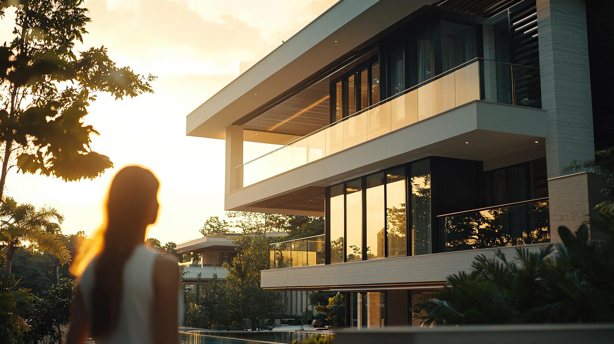 Fachada de residência de luxo em Curitiba com design contemporâneo, linhas retas e grandes vãos de vidro sob a luz do entardecer