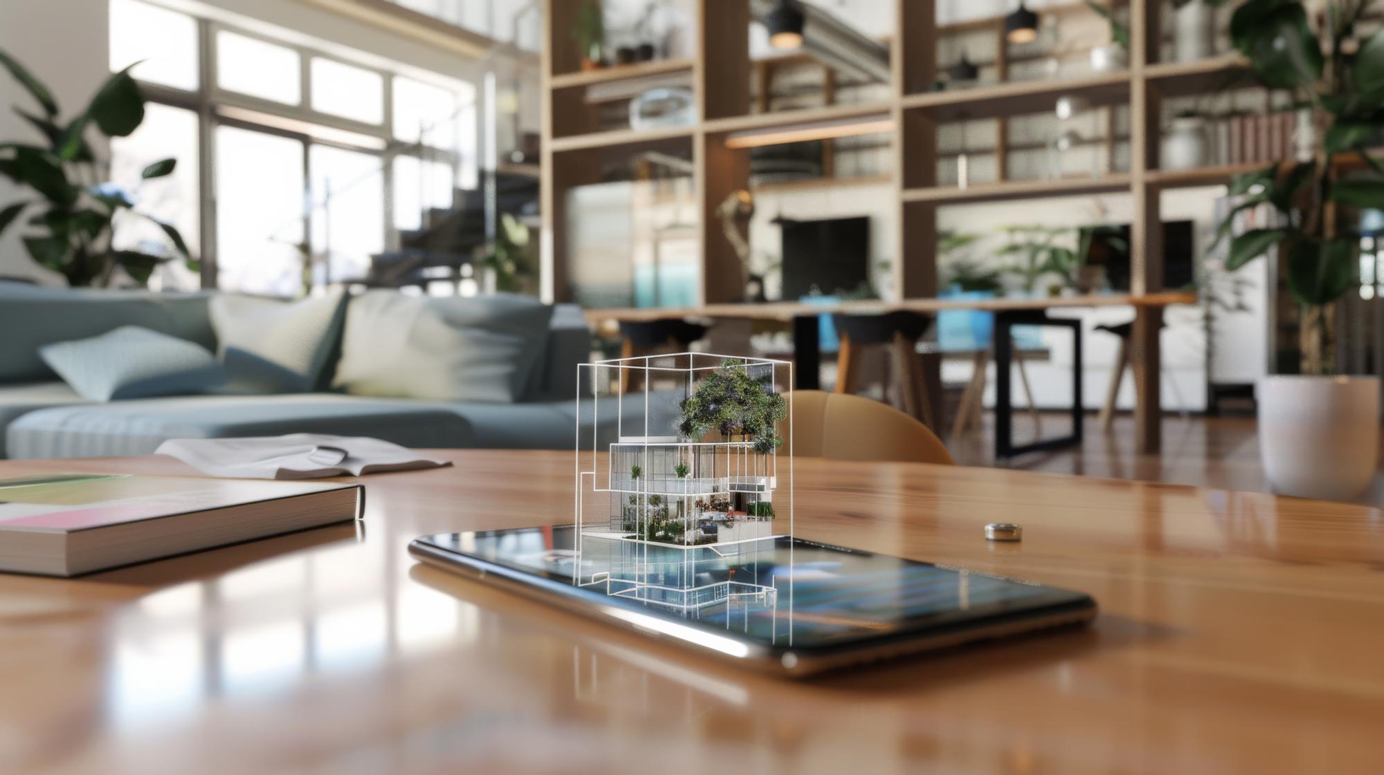 Interior de sala de estar integrada com tecnologia invisível, painéis de controle discretos e mobiliário de design assinado em tons de cinza e madeira