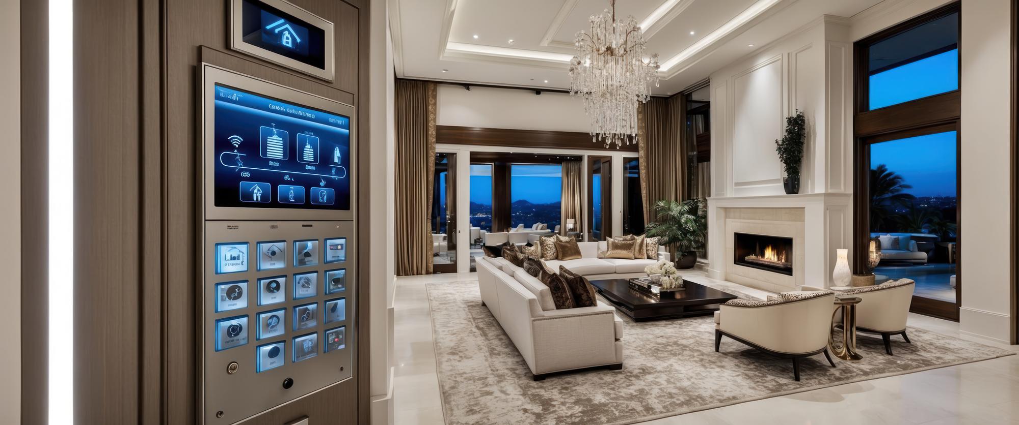 Uma luxuosa sala de estar inteligente com um sistema de automação doméstica de última geração