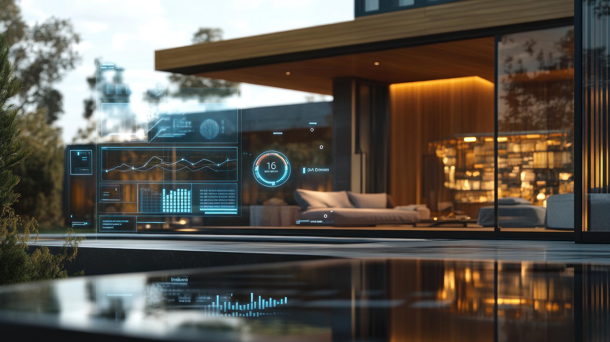 Casa moderna com design futurista e interfaces digitais