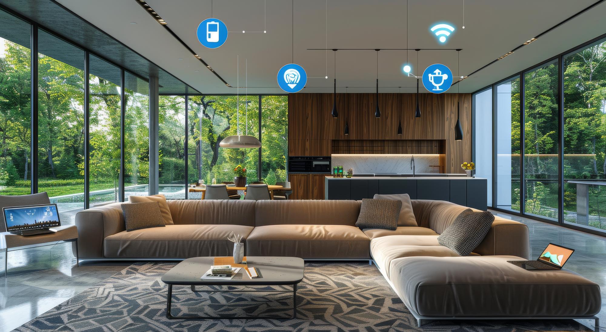 Sala de estar moderna com tecnologia doméstica inteligente e grandes janelas