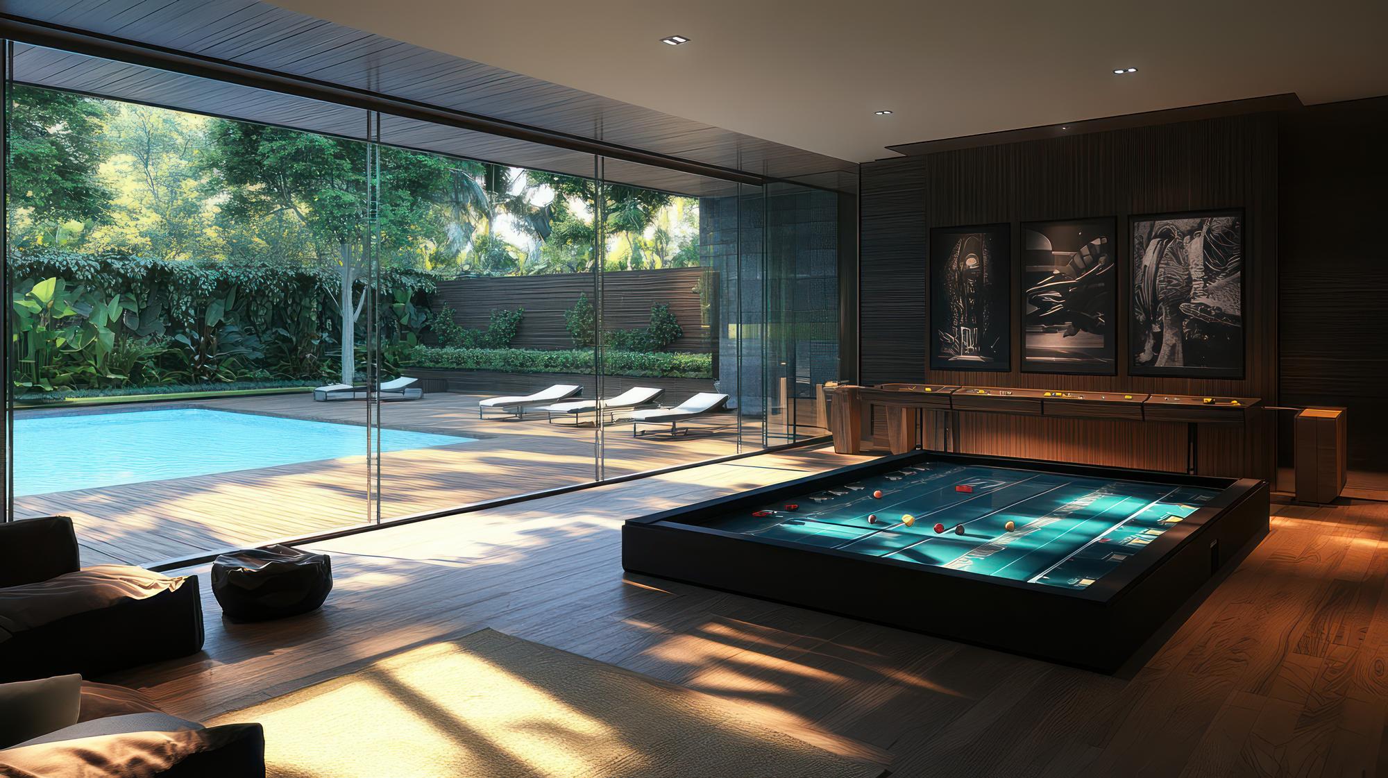 uma piscina com uma piscina e uma piscina com uma piscina no fundo