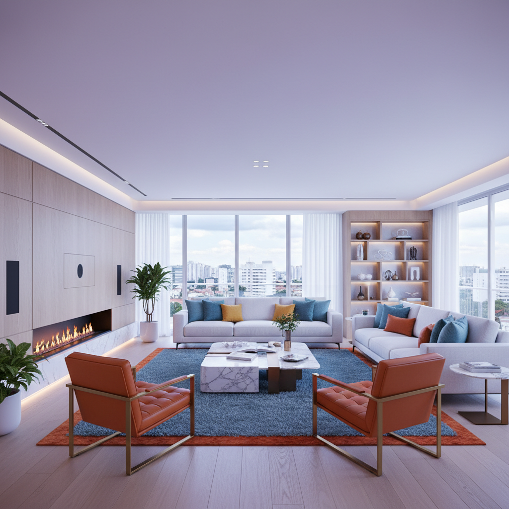 Interior de uma sala de estar de luxo com integração tecnológica invisível, iluminação cênica em tons de lavanda e mobiliário contemporâneo em Curitiba