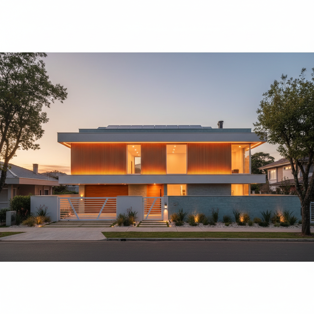 Fachada de residência contemporânea em bairro nobre de Curitiba ao entardecer, com iluminação externa automatizada e materiais sustentáveis