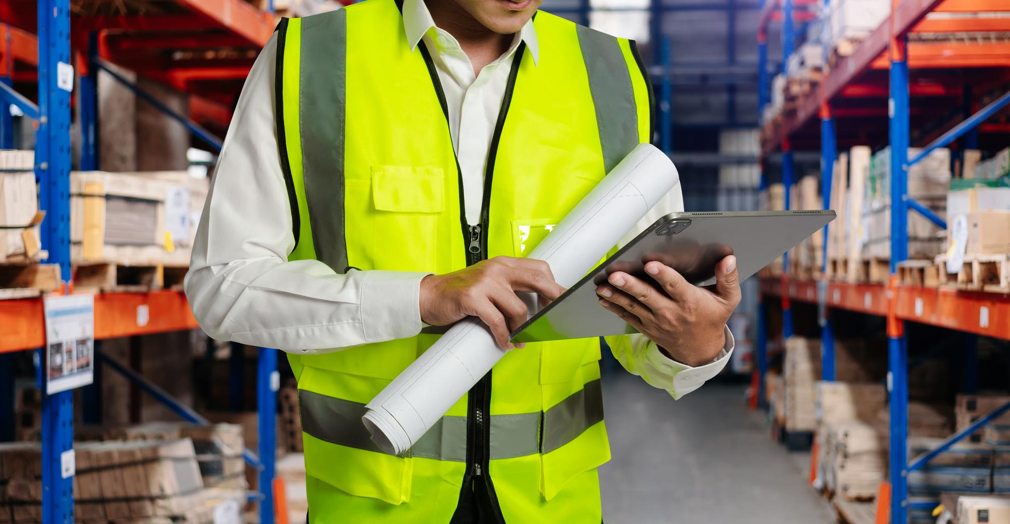 Trabalhador de armazenamento de uniforme vestindo capacete verifica estoque e inventário com computador tablet digital no armazém de varejo cheio de prateleiras com mercadorias xA