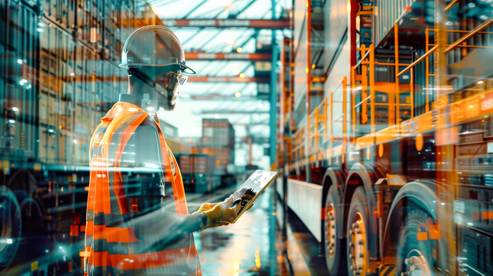 Um profissional de logística com um colete de segurança verifica dados em um tablet em meio a caminhões de contêineres vibrantes e sobreposições digitais em um ambiente portuário movimentado