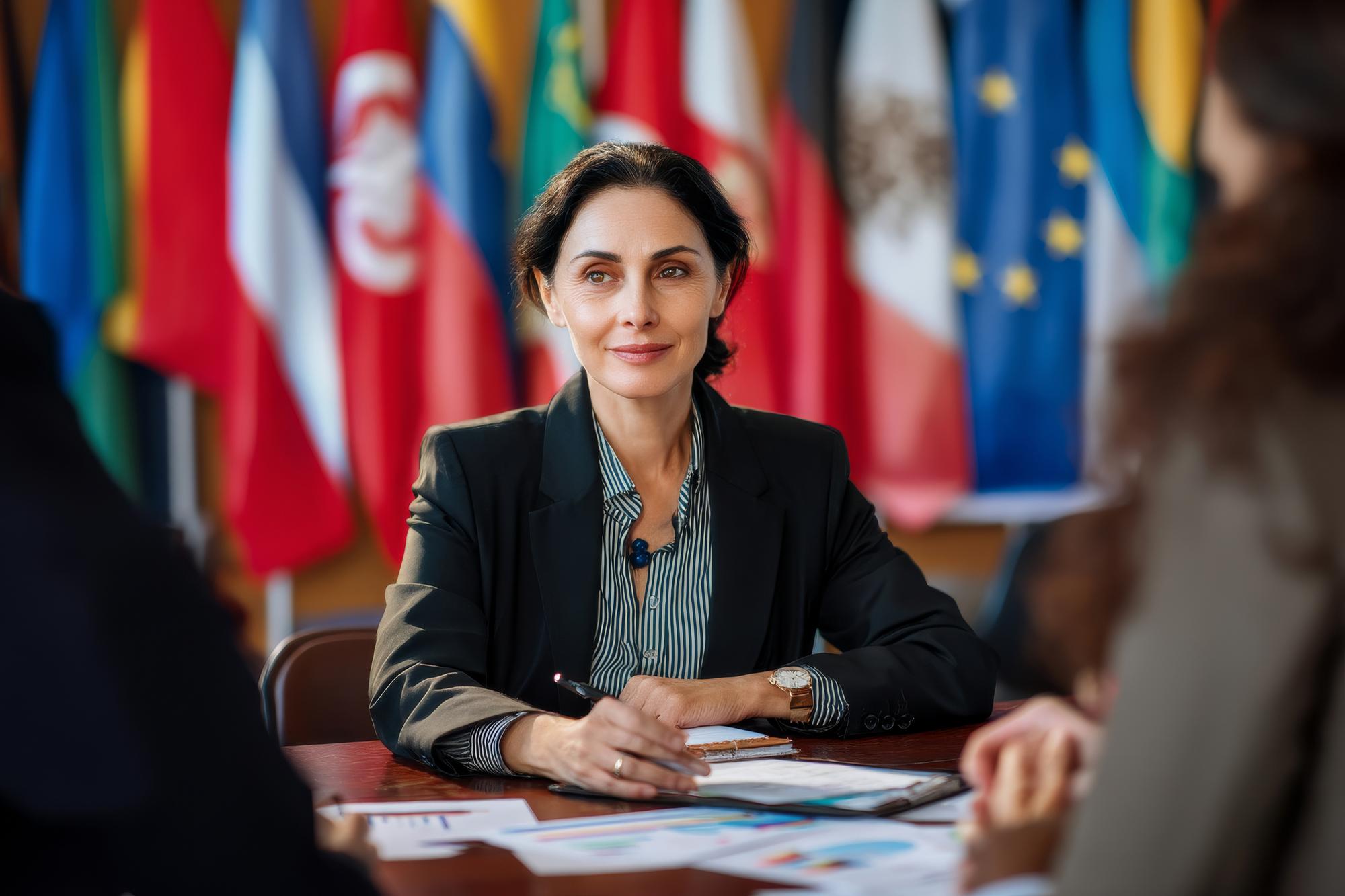 Uma mulher caucasiana de meia-idade lidera uma negociação multilíngue, falando calmamente com clientes internacionais em uma mesa preparada para diálogo intercultural