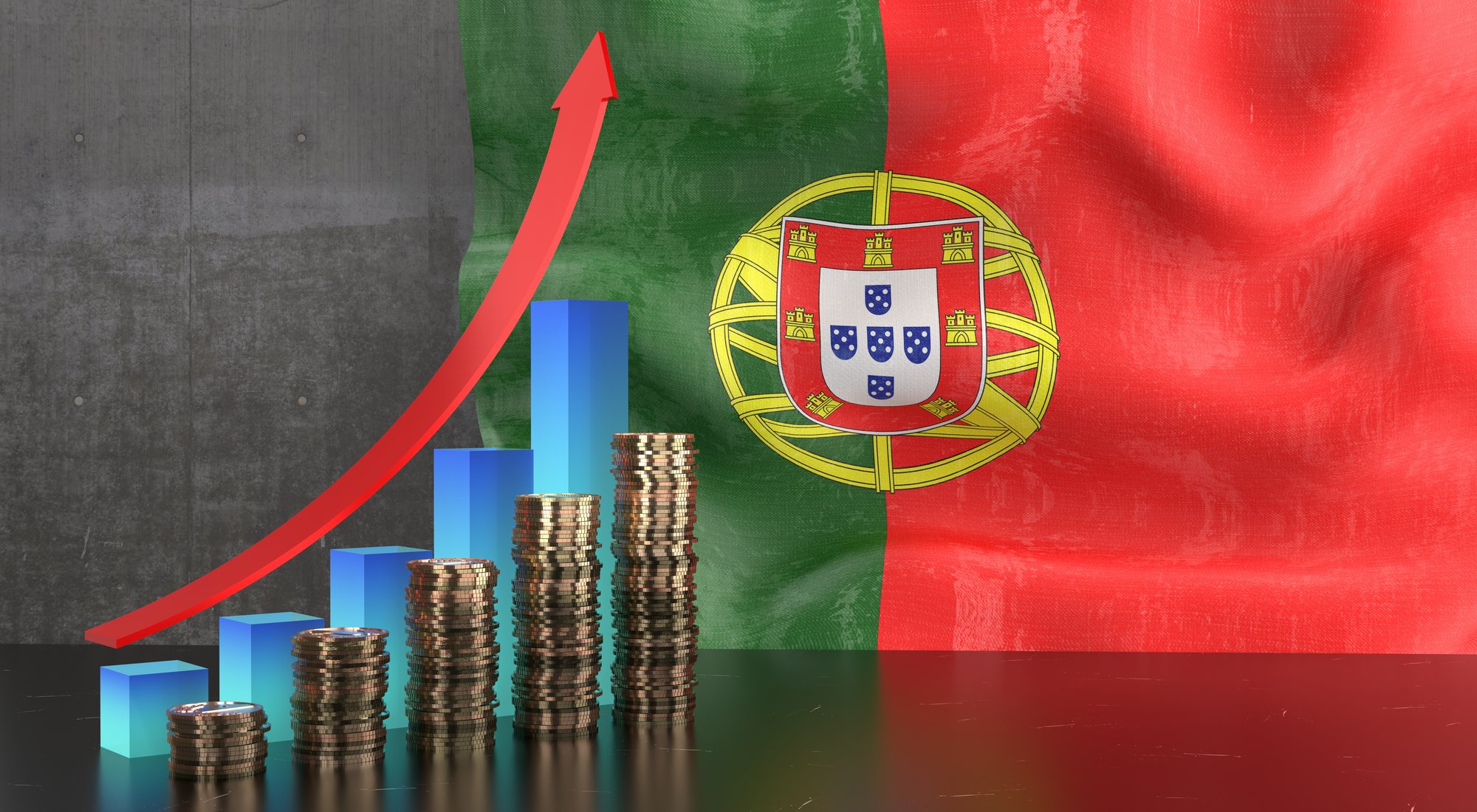 Gráfico de crescimento de Portugal e bandeira nacional, ilustração 3D