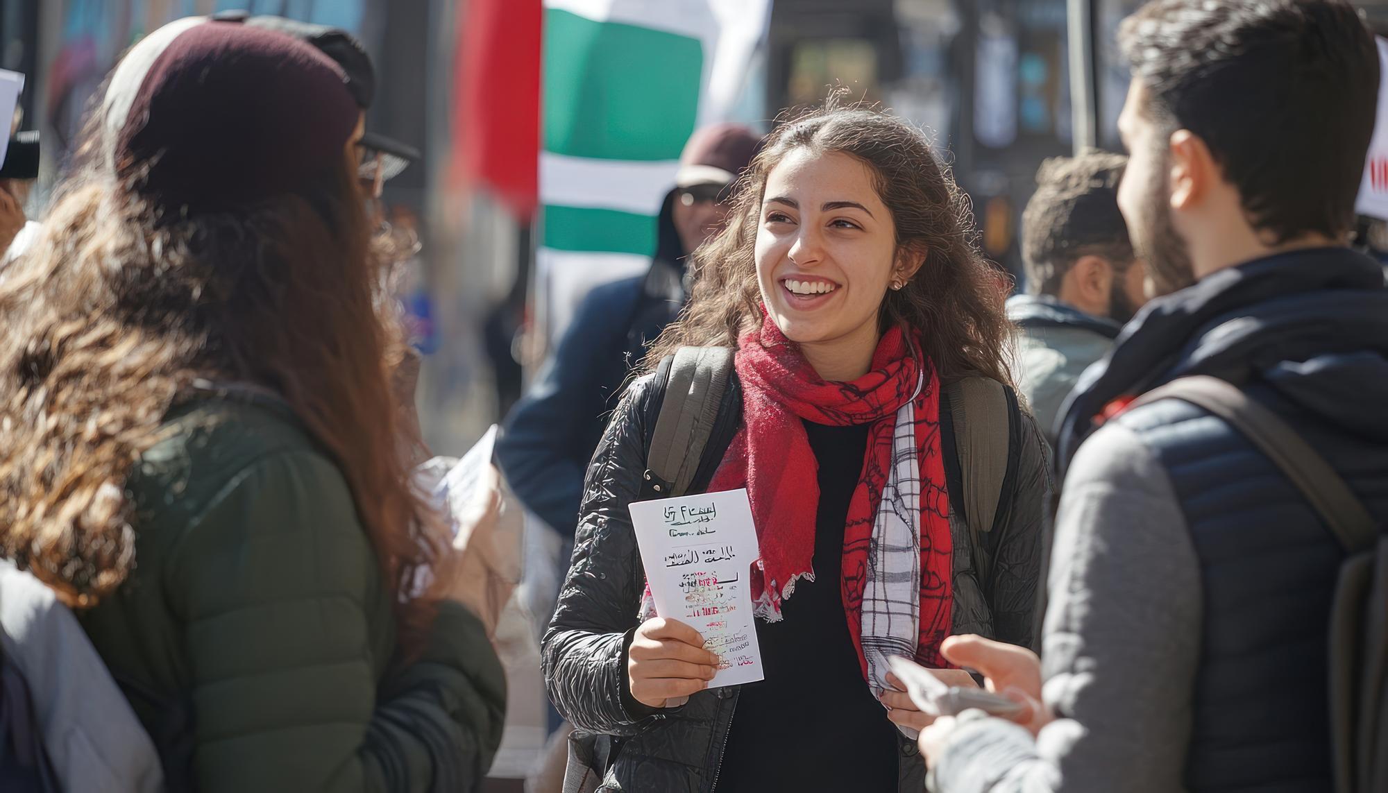 Uma mulher distribuindo bandeiras palestinas durante um protesto