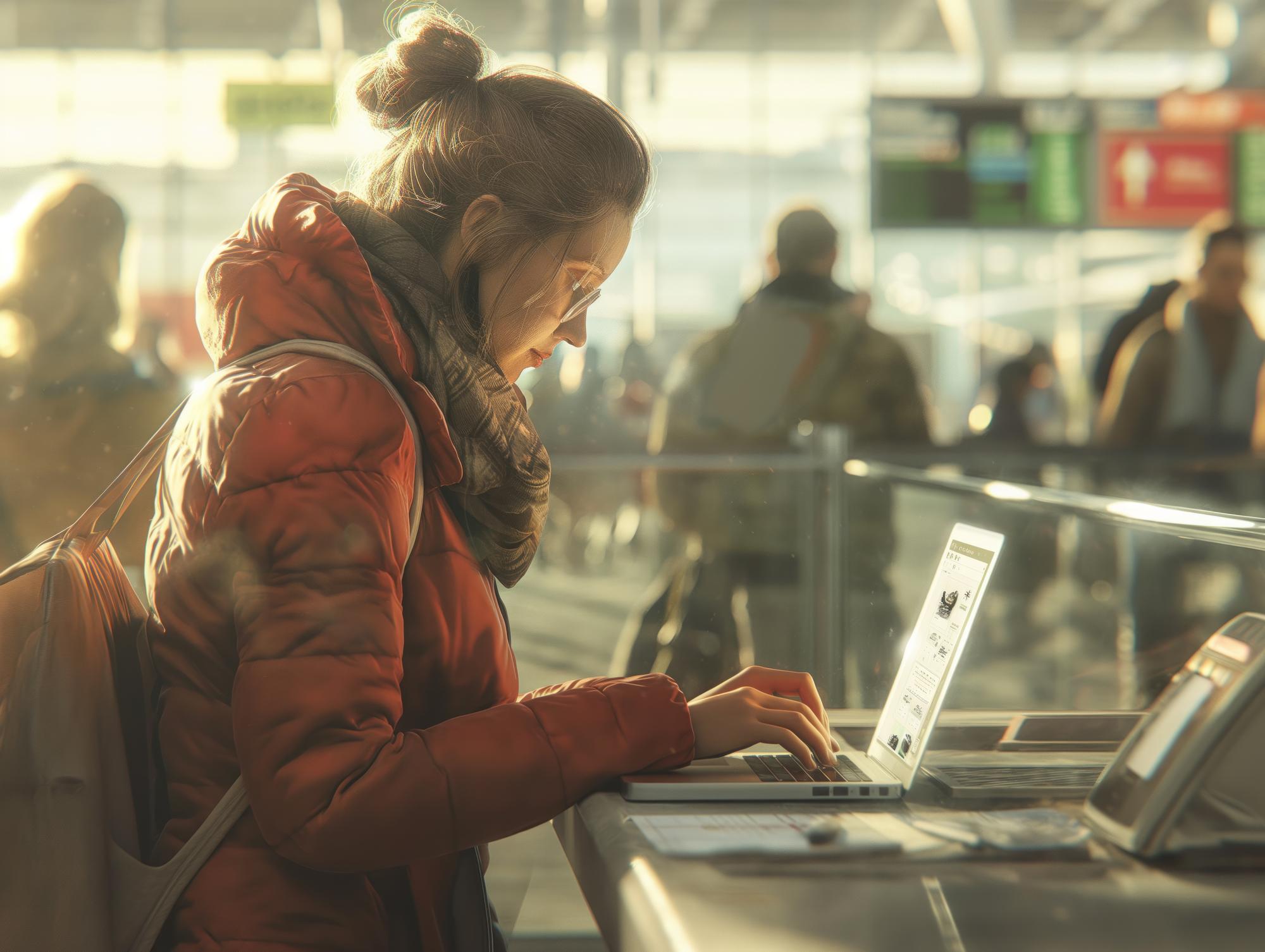 Uma mulher de casaco vermelho está digitando em um laptop em um aeroporto